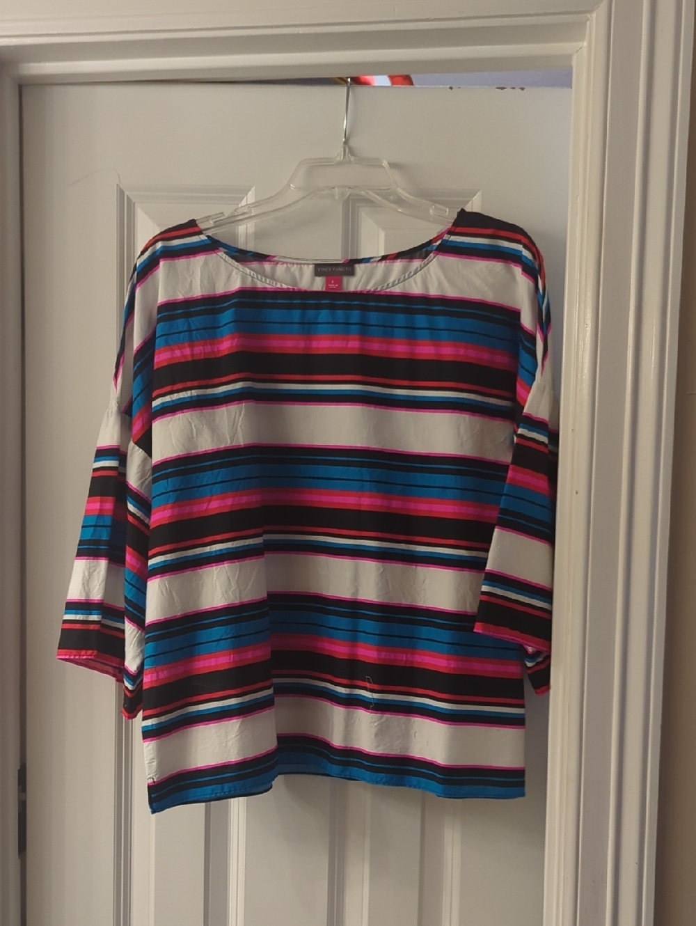 Vince Camuto Striped Boatneck Tunic in White, Blue, Pink and Black